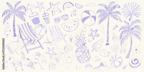 Whimsical summer beach vacation elements in purple outline style