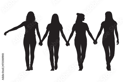 Silhouette of four women holding hands isolated on white background, symbolizing unity, friendship, and the strength of female bonds in a simple yet powerful image vector illustration