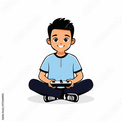 Smiling young boy playing video games, sitting cross-legged with a controller. Happy child gamer enjoying leisure time. Vector illustration.