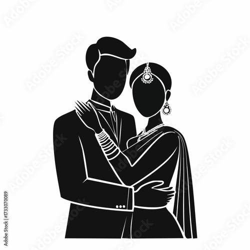 Elegant black silhouette of a South Asian wedding couple embracing, depicting love and traditional marriage ceremony, minimalist graphic design.