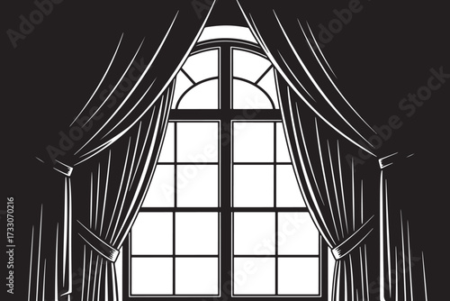 A window with curtains isolated on white background, showcasing an arched top and multiple panes, creating a dramatic and elegant architectural element vector illustration