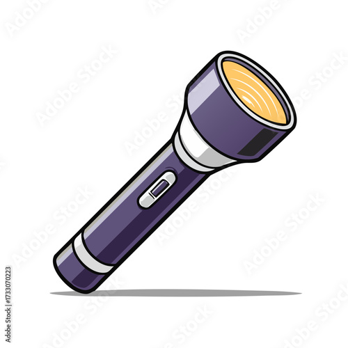 Cartoon vector illustration of a purple flashlight or torch icon. Portable electric lamp for emergency, camping, or power outage light.