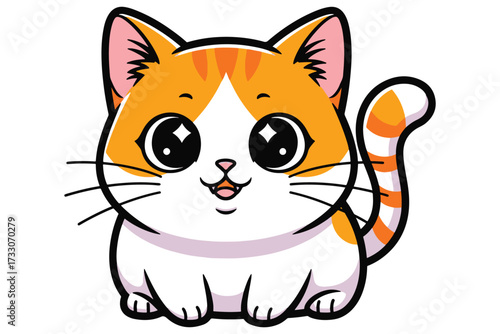 A cute orange and white kitten isolated on white background, featuring big eyes, a small nose, and a playful expression, radiating charm and innocence vector illustration
