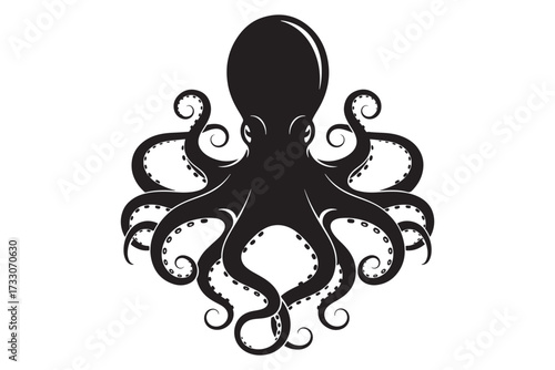 An intricate silhouette of an octopus, isolated on white background, showcasing its eight tentacles and mesmerizing, intelligent gaze vector illustration