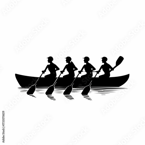 Four people paddling a canoe on calm water, enjoying a peaceful day outdoors, creating a sense of teamwork and adventure.