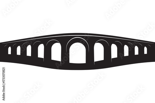 A captivating silhouette of a stone aqueduct, isolated on white background, showcasing its architectural grandeur and historical significance in monochrome vector illustration