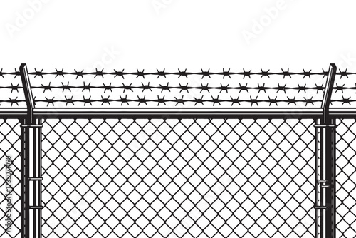 A stark barbed wire fence, isolated on white background, symbolizing security and restriction with its chainlink mesh and sharp, menacing barbs vector illustration