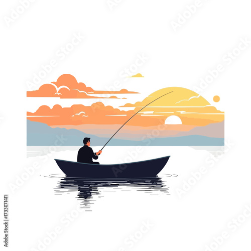 Illustration of a person fishing in a boat at sunset.