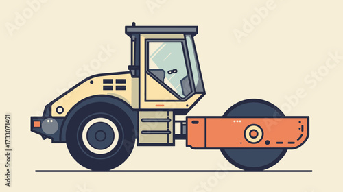 Illustration of a road roller, a heavy construction vehicle used for compacting soil, gravel, concrete, or asphalt in road construction and maintenance.