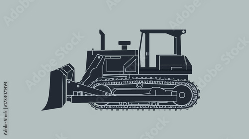 Illustration of a bulldozer, side view, on a grey background.