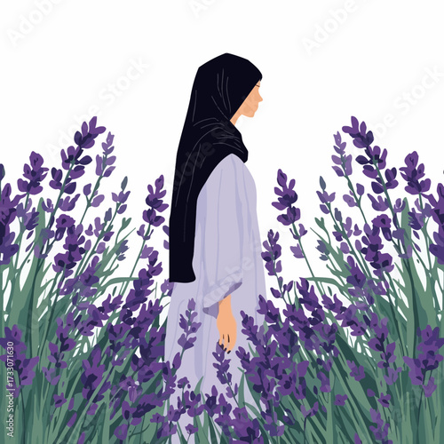 Illustration of a woman in hijab standing in a lavender field.