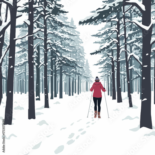 Woman snowshoeing in a winter forest with tall trees.