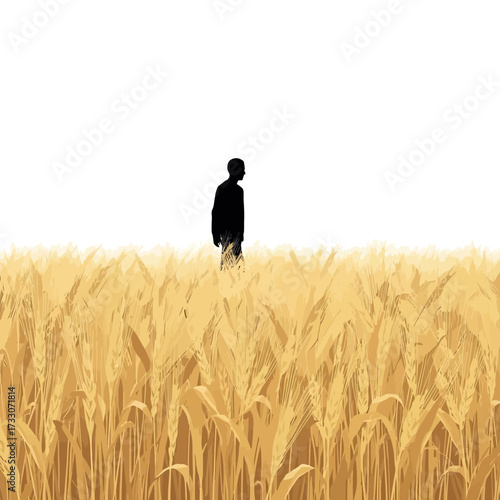 Silhouette of a man standing in a field of wheat, against a white background.