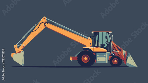 Illustration of a yellow backhoe excavator on a dark background.
