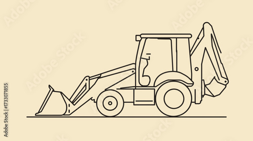 Line art illustration of a backhoe loader on a beige background.
