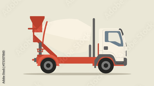 Illustration of a white and red cement truck on a beige background.