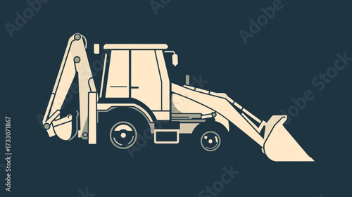 Illustration of a backhoe loader, a type of heavy equipment vehicle.