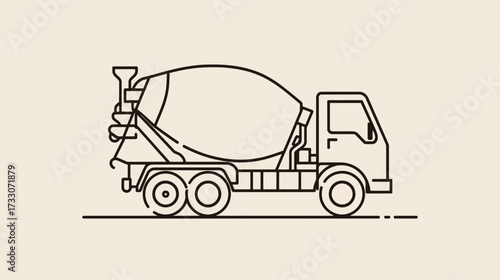 Line art illustration of a cement mixer truck on a beige background.