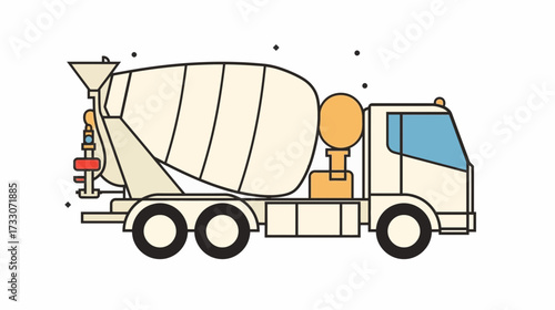 Illustration of a concrete mixer truck with a rotating drum, used for transporting and mixing concrete.