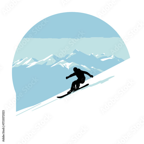 Silhouette of a snowboarder on a snowy mountain slope with a mountain range in the background.
