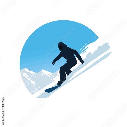 Silhouette of a snowboarder riding down a snowy mountain slope.