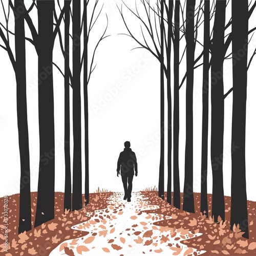 Silhouette of a person walking on a path through a forest in autumn.