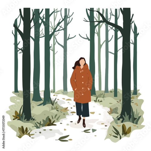 Illustration of a woman walking on a snowy path through a forest of bare trees.