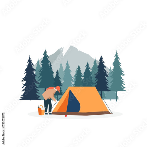 Illustration of a person setting up a tent in a forest with mountains in the background.