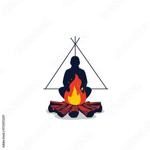 Person sitting by campfire in front of tent illustration.