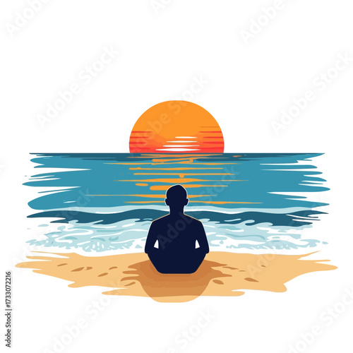 Person meditating on beach at sunset, facing the ocean.