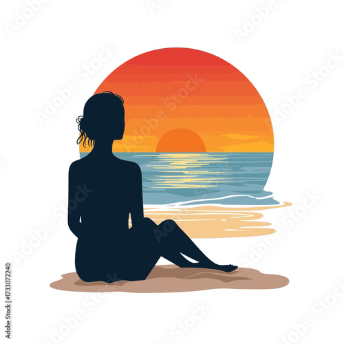 Silhouette of a woman sitting on a beach watching the sunset.
