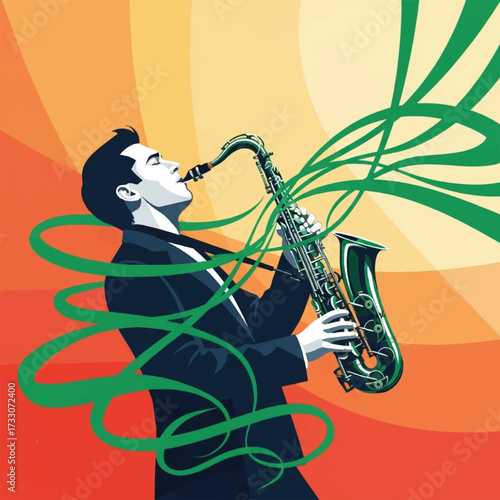 Illustration of a man playing a saxophone with green musical notes.