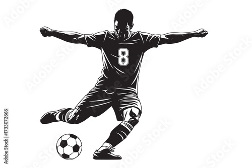 Dynamic soccer player isolated on white background, captured midkick, showcasing athleticism and precision in a thrilling moment of the game vector illustration