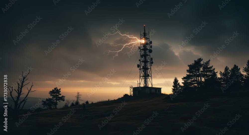 Obraz premium Striking depiction captures the raw power of a thunderstorm, with lightning illuminating a communications tower against a dramatic, moody, and ominous sky during the dusk of the evening.