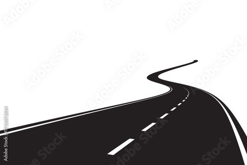A winding road stretches into the distance, its black asphalt contrasting sharply with the white lines and the surrounding empty space isolated on white background vector illustration