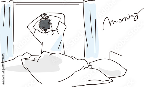 寝起きの男性のシンプルなおしゃれ線画イラスト