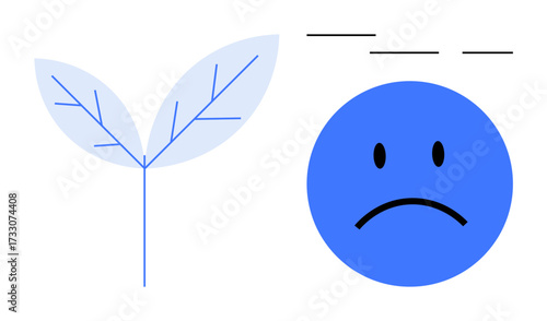 Blue sad face with lines symbolizing stress next to minimalistic leafy plant. Ideal for environment, emotion, climate change, depression, growth, balance, mindfulness. Simple flat metaphor