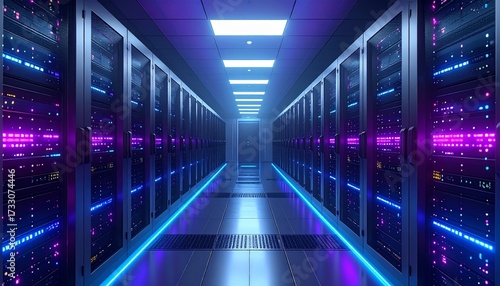 Data Center Interior with Rows of Servers Illuminated by Neon Lights, Futuristic Server Room with Colorful Lights and Modern Design