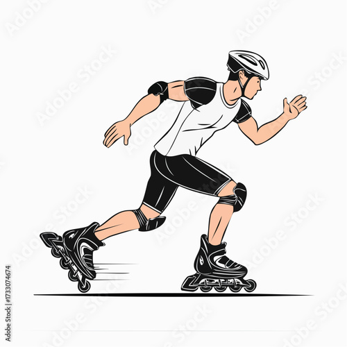 Athletic man rollerblading with safety gear and speed