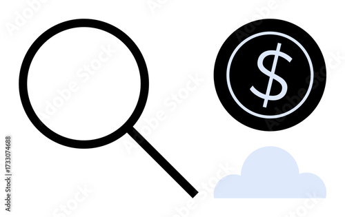 Magnifying glass, dollar coin, and cloud represent market research and online financial exploration. Ideal for ecommerce, investment, business strategy, fintech, data analysis, cloud computing