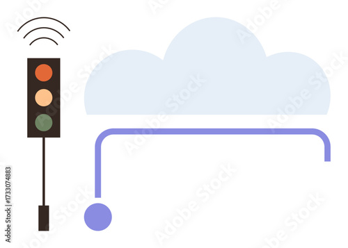Traffic light with wireless signals next to a cloud and network connection. Ideal for IoT, automation, smart city, connectivity, data sharing, cloud computing, urban technology solutions. Simple flat