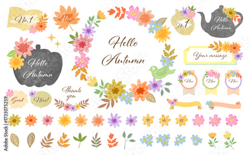 Hand painted cute Autumn botanical title frame set for banner, poster, thanks giving card and SNS. Vector file. Fall floral clipart collection.