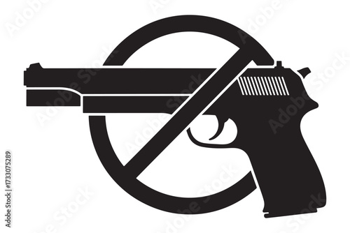 A black and white illustration of a handgun with a circle and line through it, isolated on white background, symbolizing gun control and safety vector illustration