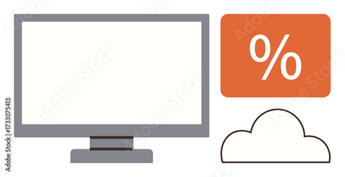Computer screen beside orange percentage and cloud symbol. Ideal for finance, statistics, cloud computing, data analysis, digital marketing, technology, efficiency simple flat metaphor