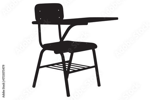 Silhouette of a school desk isolated on white background, featuring a seat, backrest, writing surface, and metal frame, commonly used in classrooms vector illustration