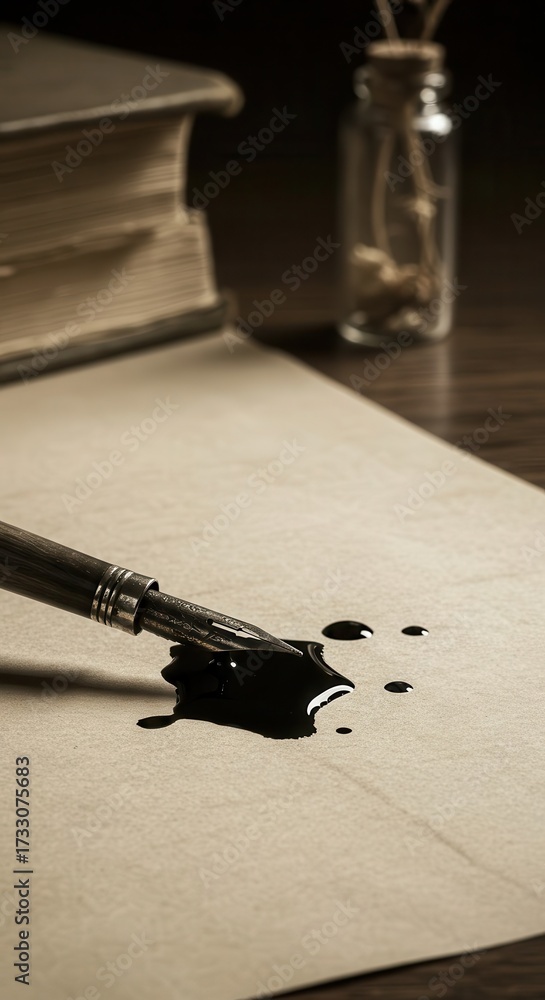 Naklejka premium Ink spills from a fountain pen onto a parchment paper, creating a dark puddle and droplets near the pen.