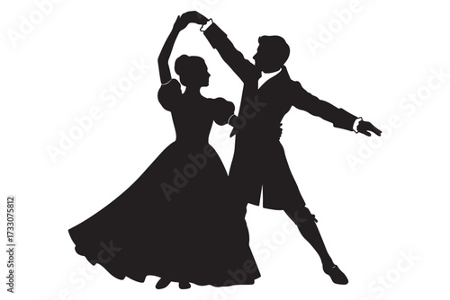 Elegant silhouette of a couple waltzing isolated on white background, their graceful movements creating a timeless and romantic dance scene vector illustration