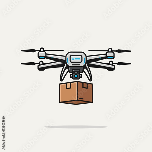 Flying quadcopter drone with mailbox flat vector illustration isolated on white background. Symbol or logo sign of modern delivery and logistics using drones.