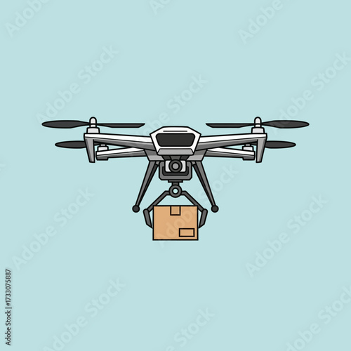 Flying quadcopter drone with mailbox flat vector illustration isolated on white background. Symbol or logo sign of modern delivery and logistics using drones.