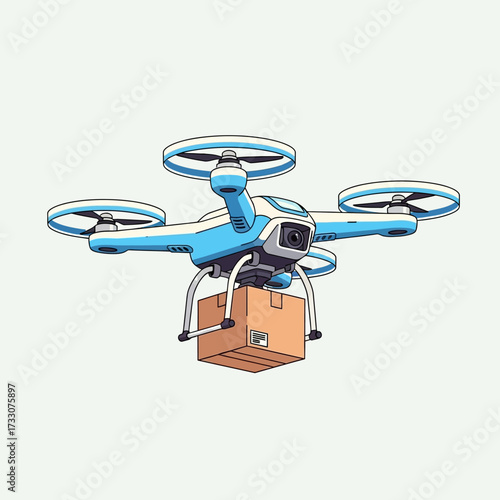 Flying quadcopter drone with mailbox flat vector illustration isolated on white background. Symbol or logo sign of modern delivery and logistics using drones.